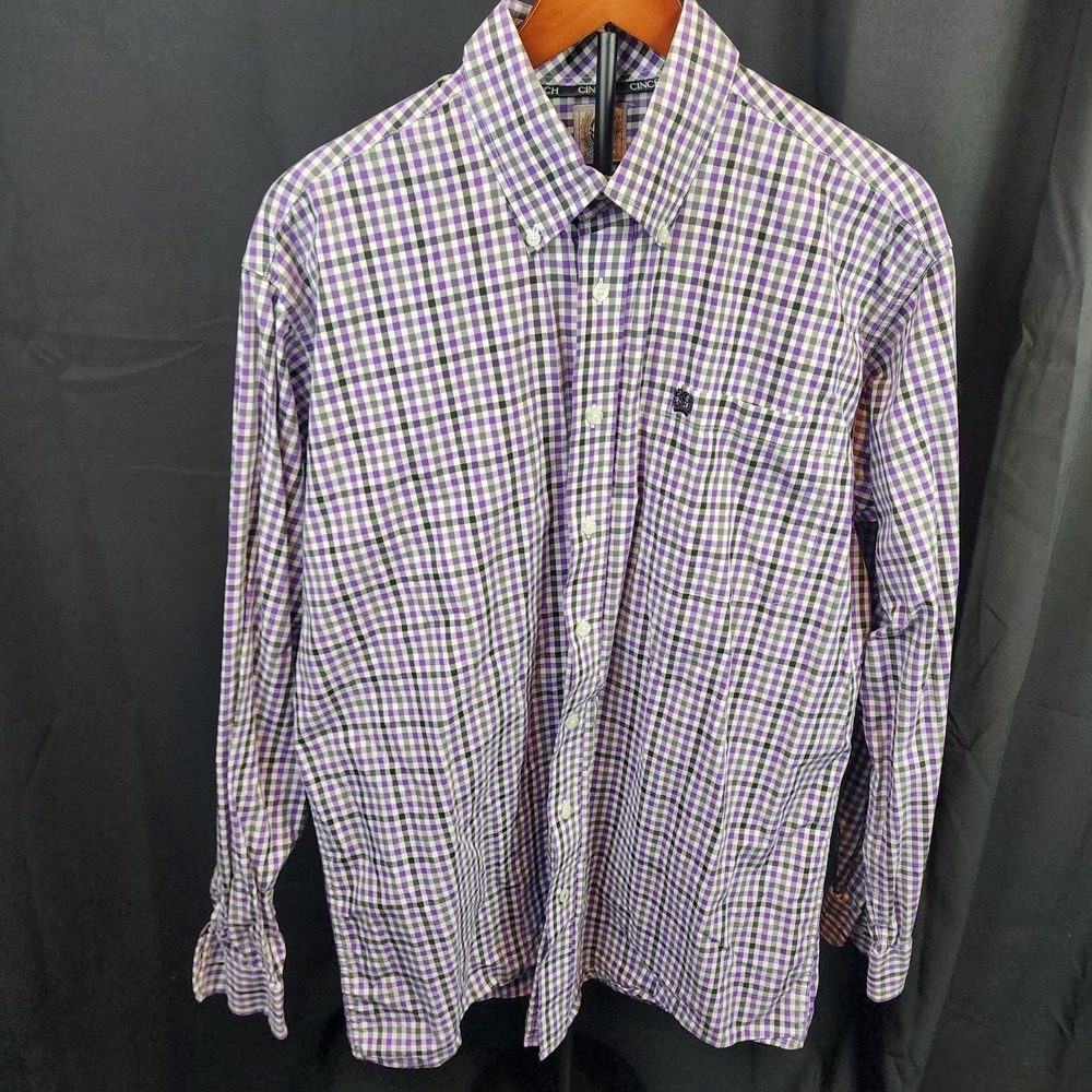 Cinch Men's Button Down Shirt Purple,‎ White Black Plaid Western Cowboy Size M